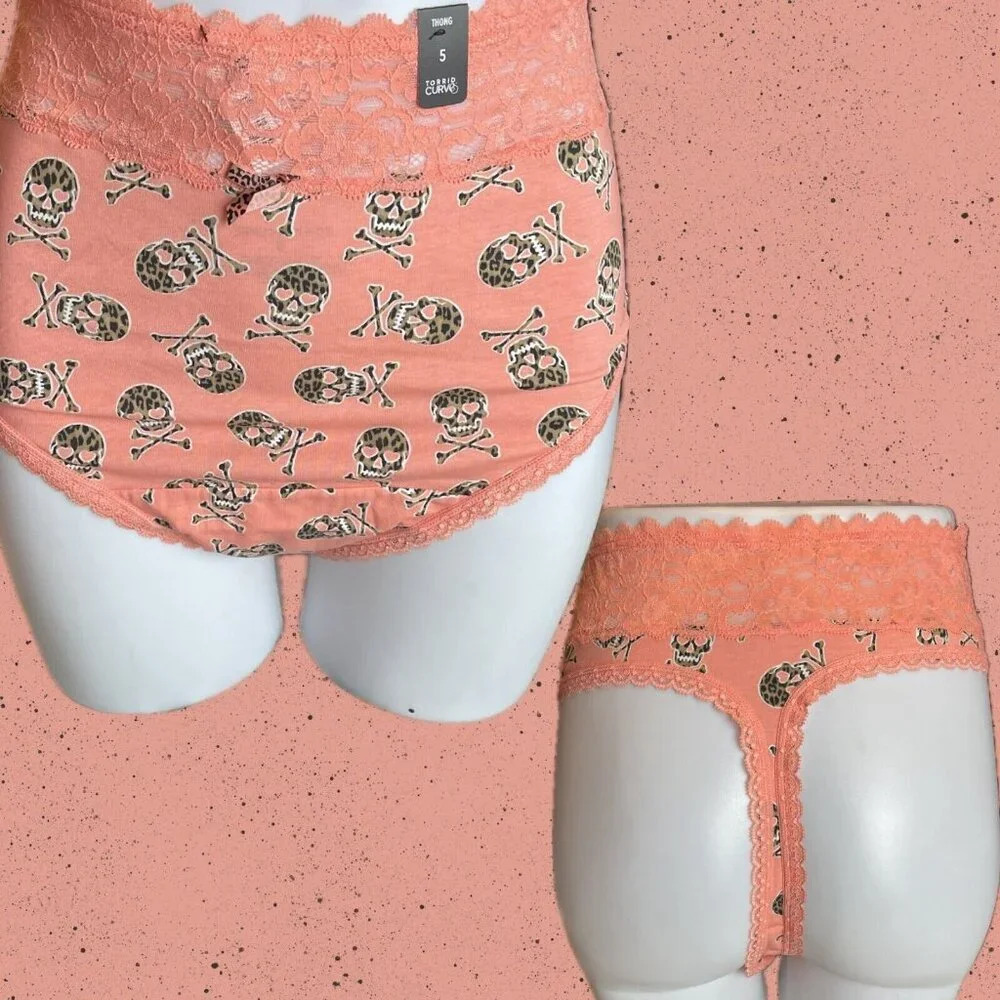 Torrid +5 Melon Animal Print Skull Crossbone Print Lace Waistband Thong Panties